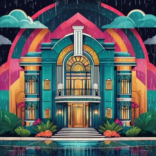 Architectural Illustration,art deco background,temple fade,tropical house,temples,raindops,fantasy city,art deco,80's design,mansion,rainwater,playhouse,palace,dollar rain,colorful facade,colorful cit