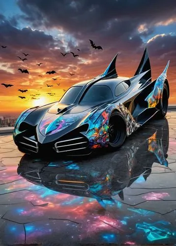 (("batmobile", alien planet spiral crystal fibonaci, black and white)). Sunset and batman light with lots of birds. This transformation is captured in high-definition. Sunset and lightning with lots o