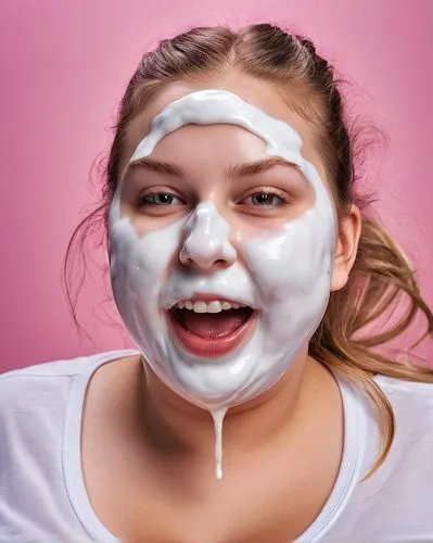 a sweaty Beautiful very extrem obese young woman, very extrem big boobed,  with a round face, full lips and long hair. her hair is sticky with yogurt, her face is covered and smeared with white yogurt
