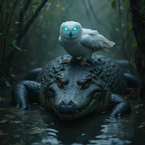 scary realistic alligator in the swamps of new orleans, in the image there is a white owl with blue illuminated eyes perched on an arch above the alligator

,a small white owl standing on a alligator,