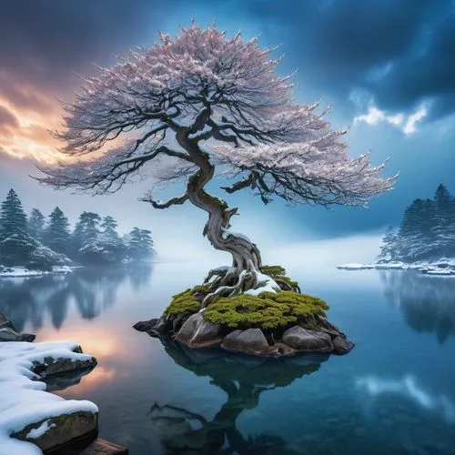 A detailed digital illustration of an ethereal stormy sky, with an ethereal, snow-covered landscape. The foreground is adorned with a  bonsai maple tree whose trunk reaches toward the dark water, whil