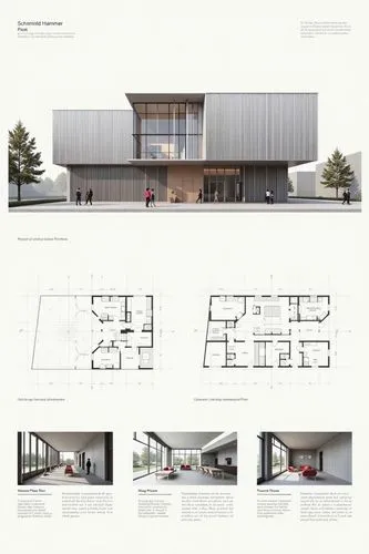 A professional architectural presentation board with a Pure background and a clean, minimalist design layout. The board includes:

Top Section: On the top left, a photorealistic render of a contempora