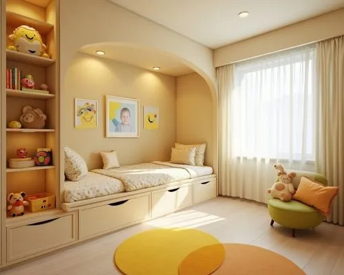 
A cozy and cheerful children's bedroom featuring a warm color palette of soft creams and pastel yellows, the room is divided into two functional zones with a raised platform that includes built-in dr