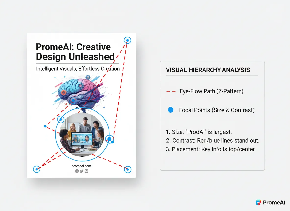 Eine infografik-ähnliche Abbildung, die zeigt, wie PromeAI Regeln der visuellen Hierarchie auf ein Plakat anwendet, mit Linien, die Fokuspunkte und den Blickverlauf darstellen.