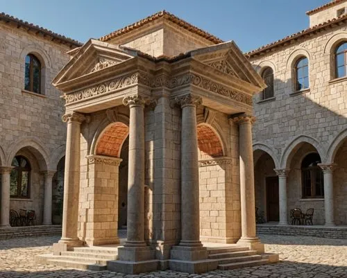 a view of a stone and brick building,byzantine museum,cloister,cloisters,synagogues,synagogue,cloistered,portico,stone palace,monastery,monastic,pilgrimage chapel,inside courtyard,loggia,roman temple,