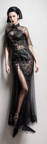 an embroidered cheongsam-style gown with mesh top and center-split skirt ,see-through clothing,torn dress,dita,dita von teese,drape,raw silk,fabric,sackcloth,flamenco,harness cocoon,one-piece garment,