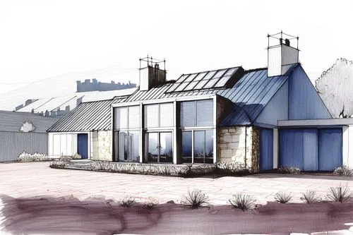 an artist's impression of a building with many windows,mackintosh,passivhaus,houses clipart,voysey,sketchup,kingsbarns,house drawing,newtonmore,balmerino,pitsligo,cohousing,inverted cottage,housebuild