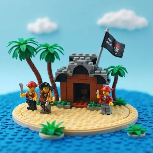 Une petite île au trésor LEGO. La base est en plaques bleues (eau) et plaques "tan" (sable). Il y a une petite cabane/fortin en briques marron et grises avec des palmiers LEGO (troncs marron, feuilles