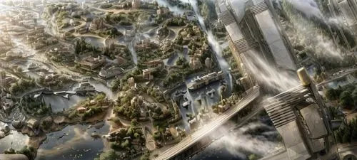 futuristic landscape,destroyed city,metropolis,shard of glass,cascades,digital compositing,skyscraper town,virtual landscape,shard,terraforming,aerial landscape,water mist,insurgent,building valley,ca