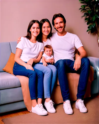 happy family, father, mother, two kids, son, daughter, casual wear, denim jeans, white shirts, sneakers, smiling faces, natural makeup, relaxed posture, sitting on couch, warm lighting, cozy atmospher