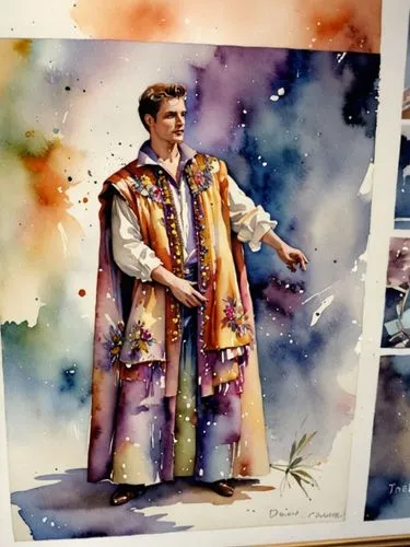 Театральный костюм,the painting shows a man in an ornate robe,watercolor painting,celebration cape,church painting,watercolor,watercolors,water color