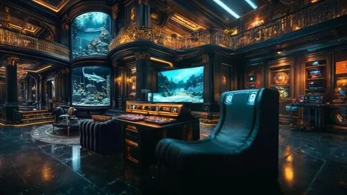 КОМНАТА ГЕЙМЕРА,a room with chairs, televisions and tables and a aquarium on the wall,ornate room,unique bar,game room,the throne,piano bar,blue room,great room,opulently,lair,study room,spaceship int
