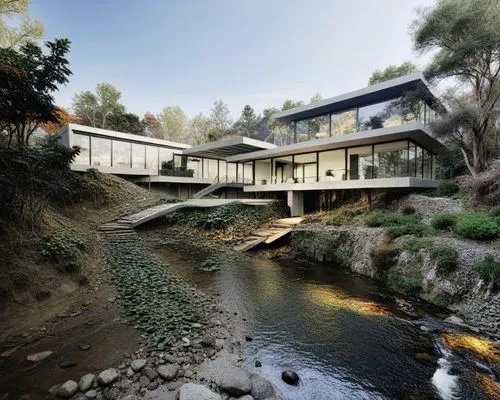 a house next to a river surrounded by lush green trees,dunes house,house by the water,forest house,mid century house,modern architecture,modern house,cantilevers,cantilevered,river side,house in mount