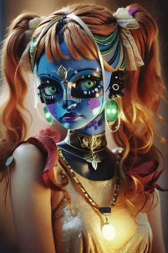 A young woman with glowing green eyes,a woman with freckled hair and colorful makeup,artist doll,neon body painting,neon makeup,masquerade,face paint,sugar skull,dazzler,girl doll,doll's facial featur