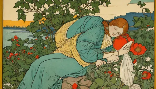 January Guest Artist Mary Moquin,girl picking apples,girl picking flowers,kate greenaway,picking vegetables in early spring,girl in the garden,mucha,woman eating apple,work in the garden,alfons mucha,