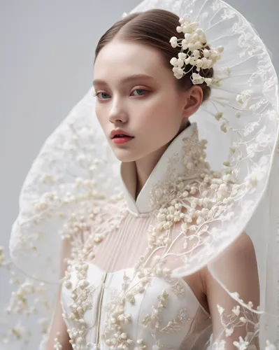 Fashion design, a model have porcelain liked white skin, the clothes have the structure of traditional Chinese clothing, sheer tulle fabric, outlandish silhouettes, Tim Walker photography, 8K, high qu
