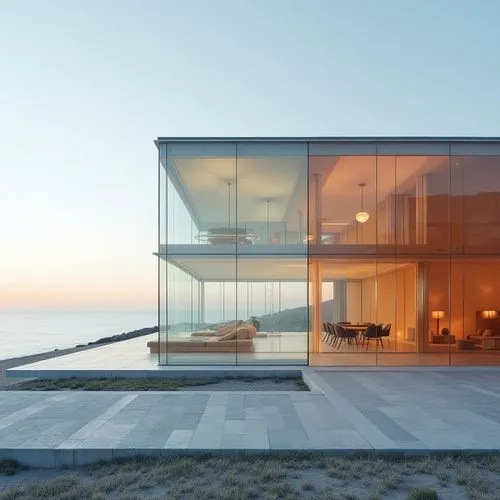  ,the exterior view of a modern residence with a panoramic windowed room,dunes house,beach house,cubic house,mirror house,oceanfront,house by the water,cube house,beachhouse,snohetta,glass wall