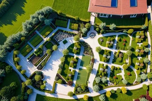 aerial view of garden and house in green field,parterre,private estate