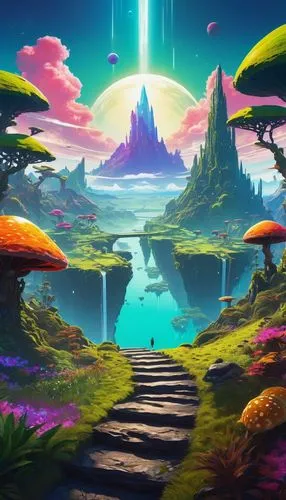 Fantasy no man's sky paradise planet, aerial view, vibrant colors, fluffy white clouds, majestic floating islands, sparkling crystal caves, iridescent rainbow waterfalls, lush green forests, glowing m