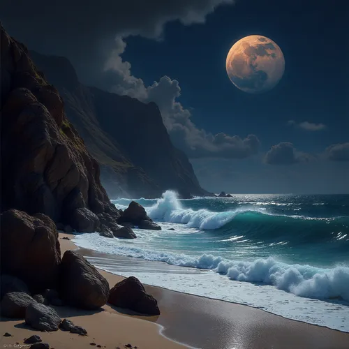 a full moon at the beach with waves coming in and out,moonlit night,moonlit,moonlighted,blue moon,dark beach,beach landscape,moonlight,seascape,lunar landscape,sea night,moonscape,moonrise,sea landsca