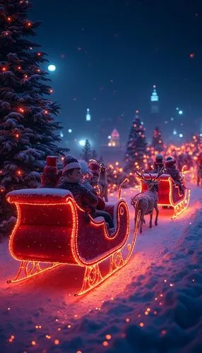 A luxurious Christmas wallpaper featuring sleighs, styled with neon lights tones, evoking a festive and cheerful atmosphere.,a very nice looking christmas scene with a sleigh,christmasbackground,chris