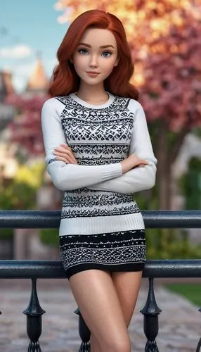 The image is a portrait of a young woman with long red hair. She is leaning against a metal fence with her legs crossed and her hands resting on the railing. The woman is wearing a black and white pat