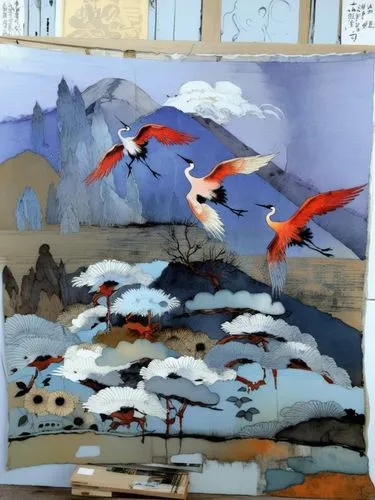 Японский пейзаж с журавлями,paintings are displayed on the wall in front of a window,birds in flight,bird painting,birds flying,flying birds,bird frame,bird flight