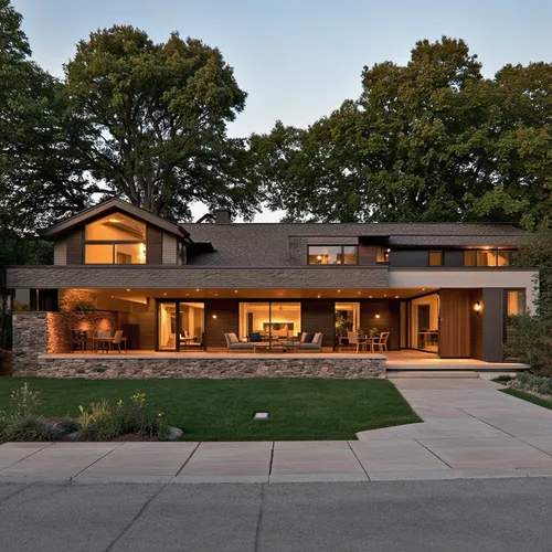 1building,a home with grass and trees outside on a road,mid century house,modern house,ruhl house,brick house,dunes house,luxury home,timber house,vivint,mid century modern,forest house,beautiful home