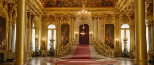 Baroque architecture, grandiose, ornate, luxurious, intricate carvings, golden ornaments, marble columns, sweeping staircases, high ceilings, dramatic lighting, detailed frescoes, grand hall, lavish d