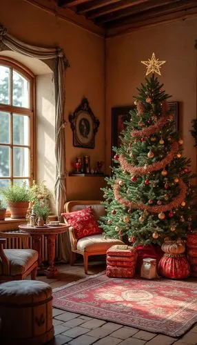 A cultural Christmas wallpaper featuring cozy interiors, styled with warm hues tones, evoking a festive and cheerful atmosphere.,a christmas tree is lit in the living room,christmas room,vintage chris