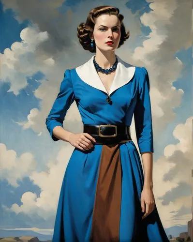 An enigmatic digital illustration: A woman with a vibrant blue dress, adorned in a black belt, and a white collar stands tall. Her gaze, directed sideways, adds mystery; her brown hair adds a splash o