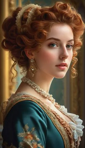 Portrait of an elegant French noblewoman with curly auburn hair, intricate, regal, highly detailed, baroque style, digital art by Jean-Honoré Fragonard and Élisabeth Vigée Le Brun. Palace background, 