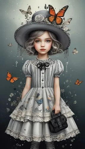 Create a detailed illustration of a girl wearing an elegant dress and a large hat adorned with a butterfly. The girl should be dressed in a multi-layered dress with lace and ruffles in shades of gray 