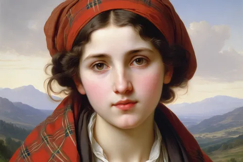 Young peasant woman in tartan. Art by William-Adolphe Bouguereau.,franz winterhalter,bouguereau,bougereau,portrait of a girl,portrait of a woman,woman's face,young woman,elizabeth nesbit,woman holding
