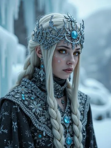 A majestic, ethereal ice queen with piercing orange eyes that seem to burn with an inner fire, adorned in intricately designed silver and black robes with delicate frost-like patterns, her long, snow-