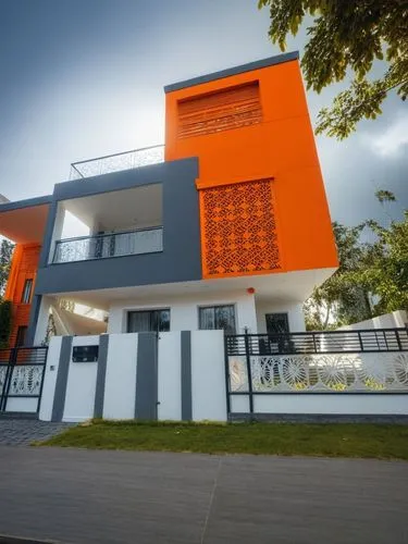 change the colour house this house in  orange and dark grey and white combination,modern house in white and orange with a balconies on top,modern house,cube house,cubic house,modern architecture,exter