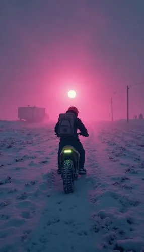 person riding a snowmobile in a pink and yellow sunset,pink dawn,dusty road,motorbike,dusk,heavy motorcycle,motorcycle,biker,dusk background,motorcycles,red sky,drifts,badlands,desolate,valley of deat