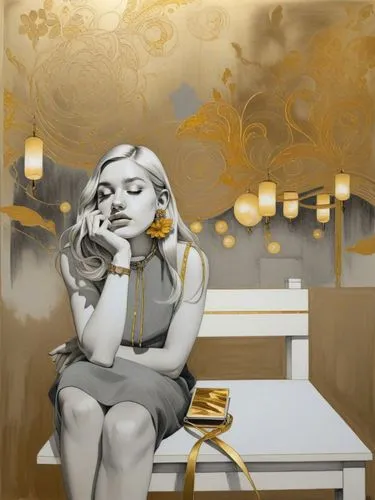 there is a painting of a blonde woman sitting on the bench,woman drinking coffee,gold paint stroke,gold leaf,woman at cafe,gold foil art,gold paint strokes