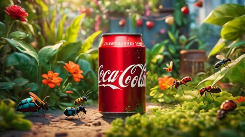 Scene| Vibrant and lively| Bright, direct sunlight| Composition showcasing the centerpiece, a large Coca-Cola can on the ground| Background filled with various types of plants and insects| Colorful an