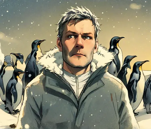 image of a happy man in a warm jacket at the south pole, image in the style of social art by Alexander Deineka, northern lights from behind, many penguins around,arctic penguin,penguin parade,penguins
