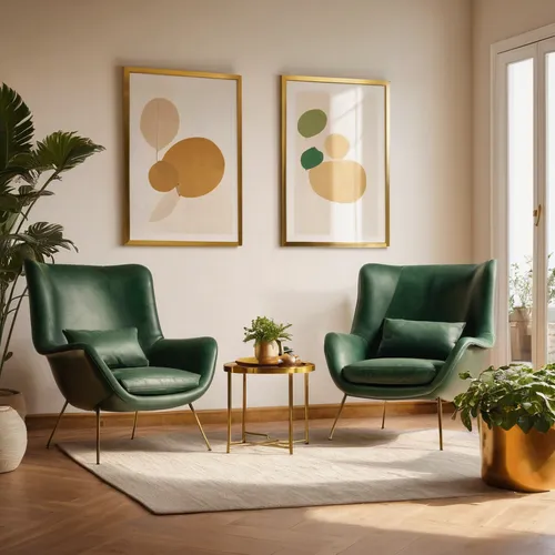 mockup of two plain white frames, living room with amber colored leather coach and fabric covered chairs, green plans in brass pots, walls are painted in soft beig, room view close, natural light from