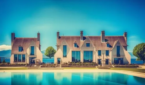 glass bricks tiles garden sunlight blue sky landscape people lake trees park hotel forest mountains,a large white house with a pool in front of it,mansion,chateau,luxury property,villa,pool house,mans