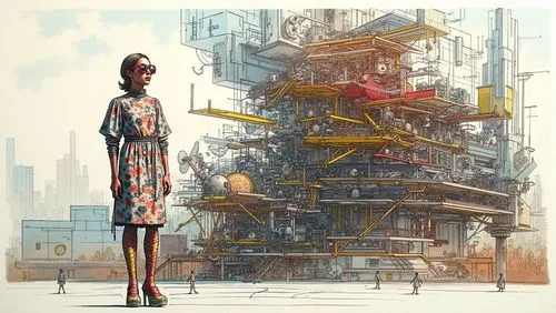 the girl is in front of a large machine,sci fiction illustration,metropolis,futurists,superstructures,steel tower,mainframes,mainframe,atomic age,transistor,cellular tower,forewoman,industrialized,con