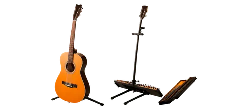 acoustic guitar, shiny surface, brown wood grain, six strings, tuning pegs, fretboard, pickups, music stand, spotlight shining down, 3/4 composition, warm color tone, cinematic lighting, soft focus ba