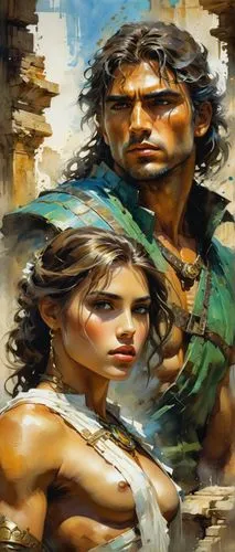 a digital painting of a man and a woman with an ancient dress,seregil,pandavas,doriath,ashoka,dacians,aramaean,sindbad,cassander,surana,huaylas,amihan,ghazan,romanos,world digital painting,mahadev,com