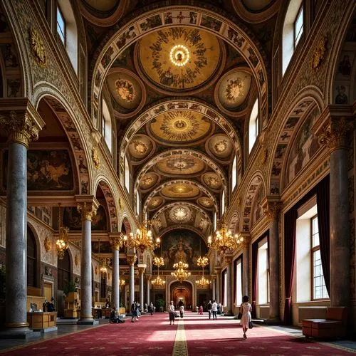 Intricate mosaics, golden domes, ornate arches, lavish frescoes, ornamental capitals, marble columns, grand entranceways, intricate stone carvings, vaulted ceilings, richly patterned textiles, Byzanti