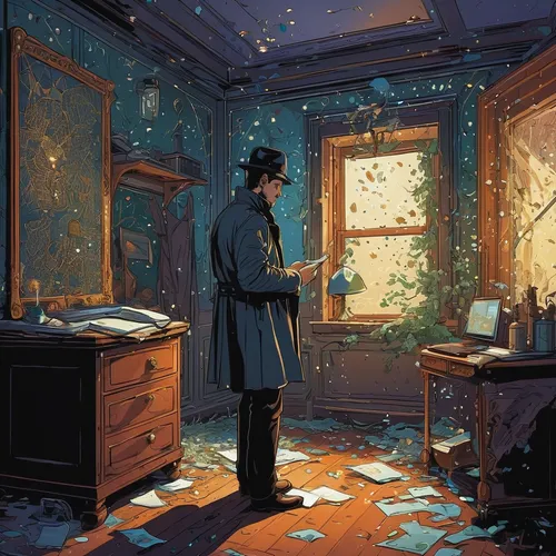 Write a suspenseful scene where a detective finds a crucial clue hidden under the glitter wallpaper in a mysterious room.,blue room,hans christian andersen,violet evergarden,sherlock holmes,sci fictio
