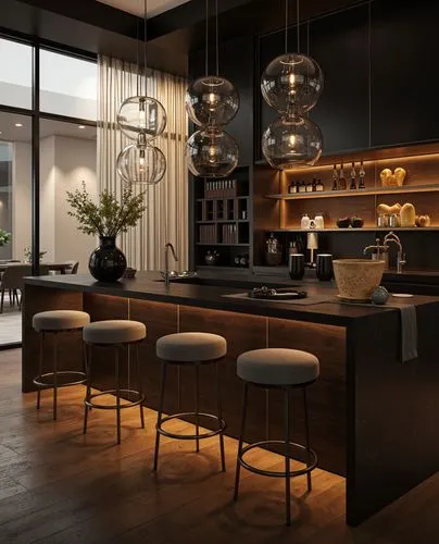 A modern kitchen with a sleek black marble island, plush barstools, and warm pendant lighting, complemented by floor-to-ceiling windows for natural light.,a modern kitchen with hanging lights and an i