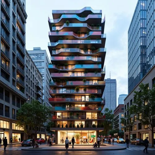 Deconstructed building facade, fragmented forms, irregular shapes, unconventional structures, abstract geometries, clashing materials, vibrant color contrasts, distorted reflections, dynamic lighting 