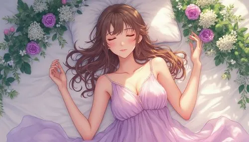 Image is a styled, artistic photograph featuring a young woman with fair skin and long, curly light brown hair. She is lying on a bed covered with white linens, surrounded by an arrangement of lush, g